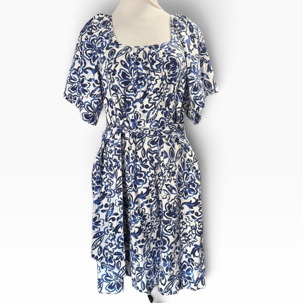 Free Assembly Floral Dress Womens S Linen Blend Blue White Flutter Sleeve Mini
